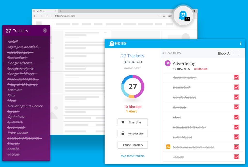 Cet hiver, pensez à sortir couvert sur Internet | Interface de Ghostery et sa catégorisation des éléments bloqués