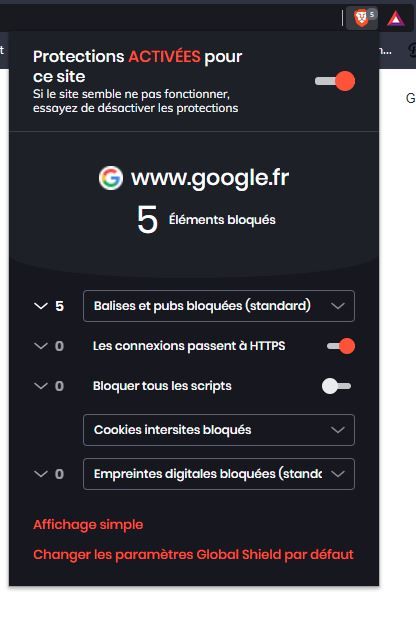 Un an avec le navigateur Brave | Brave shield activé sur Google