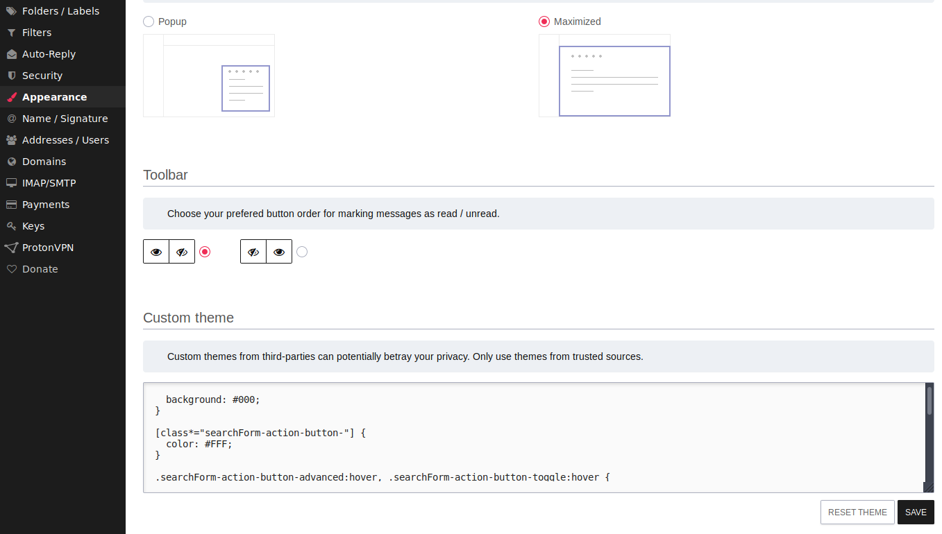 Une semaine après le basculement sur ProtonMail, voici ce qu'il faut retenir | Zone de texte dédiée au chargement d'une feuille de styles