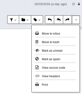 Une semaine après le basculement sur ProtonMail, voici ce qu'il faut retenir | Le menu déroulant qui concerne un courriel, où l'on peut afficher plein de choses
