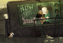 Un dessin animé mignon entre un chien et son maître dans un monde de zombie
