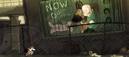 Un dessin animé mignon entre un chien et son maître dans un monde de zombie