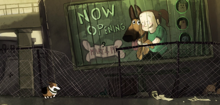 Un dessin animé mignon entre un chien et son maître dans un monde de zombie